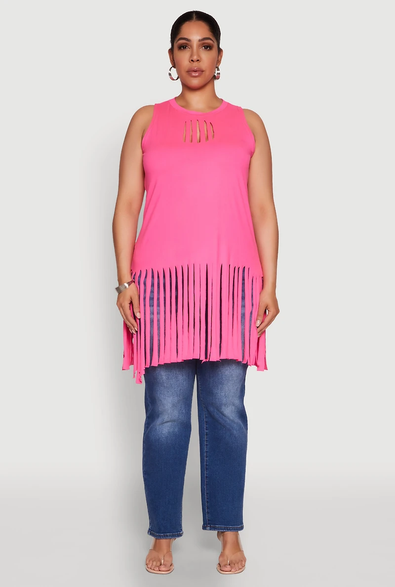 Plus Laser Cut Fringe Hem Tank Top
