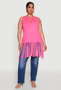 Womens Plus Size Laser Cut Fringe Hem Tank Top, Pink, Size 2X