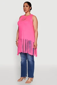 Womens Plus Size Laser Cut Fringe Hem Tank Top, Pink, Size 2X