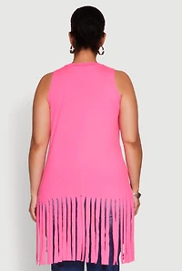 Womens Plus Size Laser Cut Fringe Hem Tank Top, Pink, Size 2X