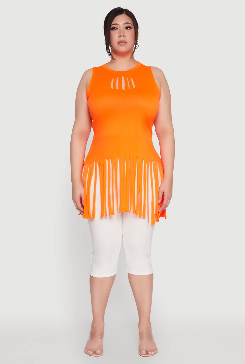 Womens Plus Size Laser Cut Fringe Hem Tank Top, Orange, Size 2X