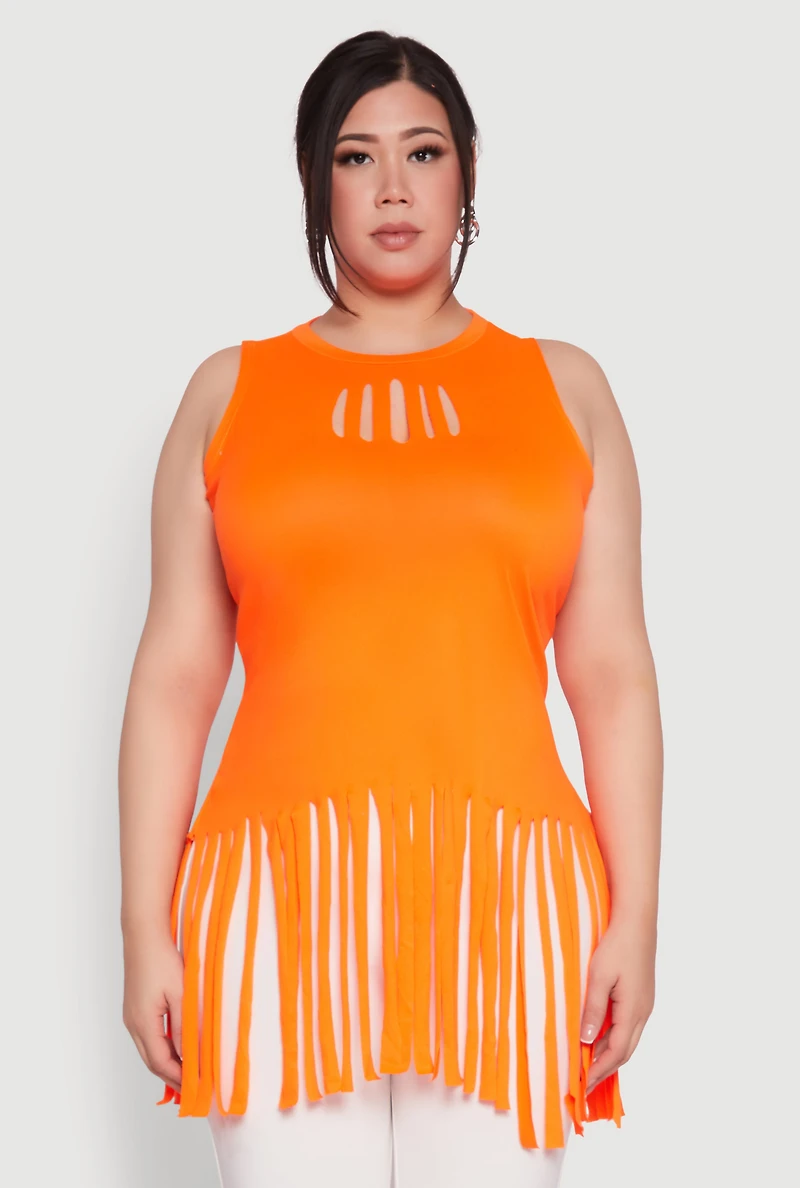 Womens Plus Size Laser Cut Fringe Hem Tank Top, Orange, Size 2X