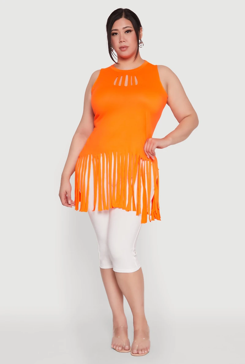Womens Plus Size Laser Cut Fringe Hem Tank Top, Orange, Size 2X