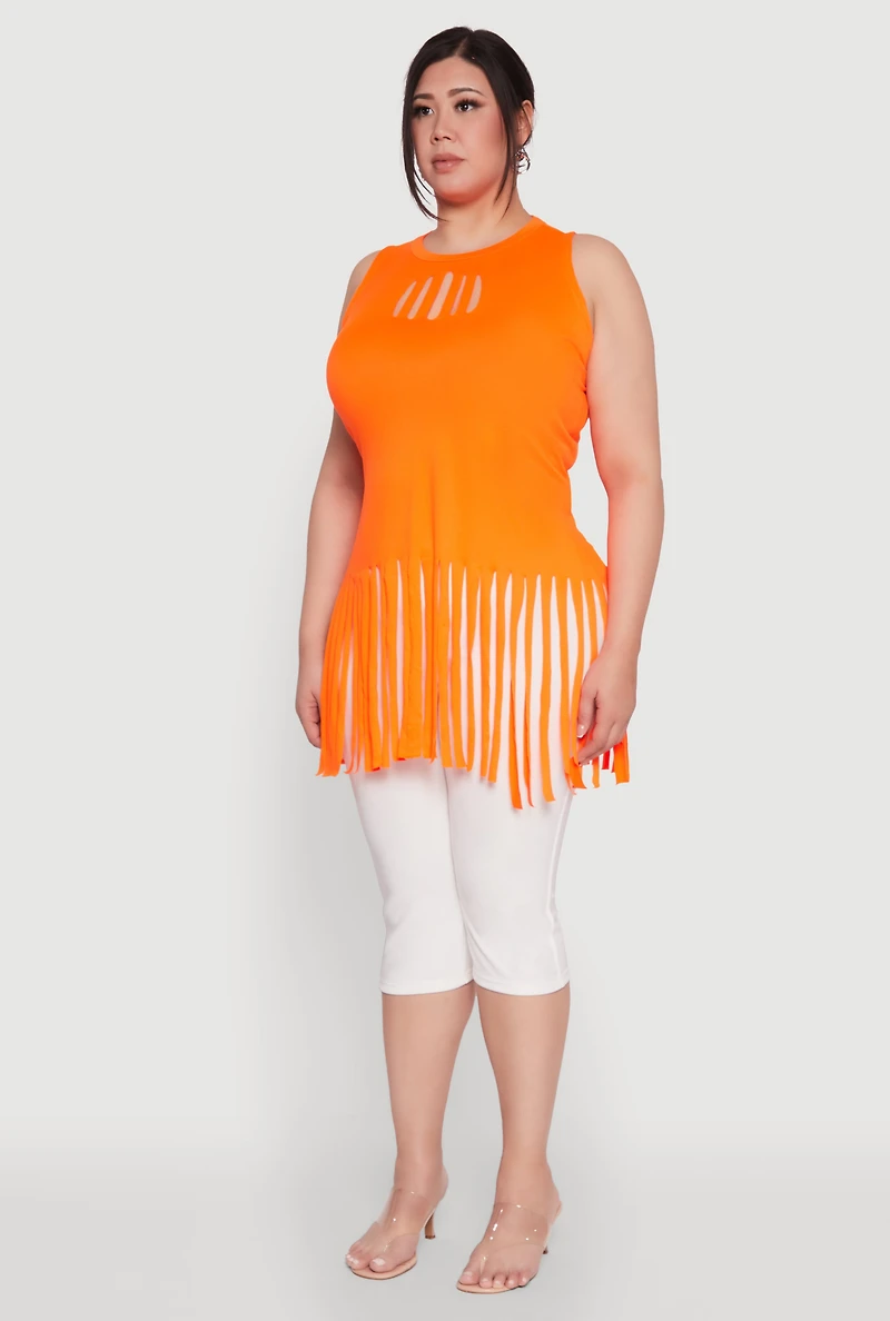Womens Plus Size Laser Cut Fringe Hem Tank Top, Orange, Size 2X