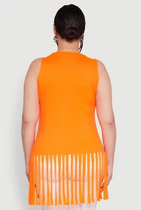 Womens Plus Size Laser Cut Fringe Hem Tank Top, Orange, Size 2X