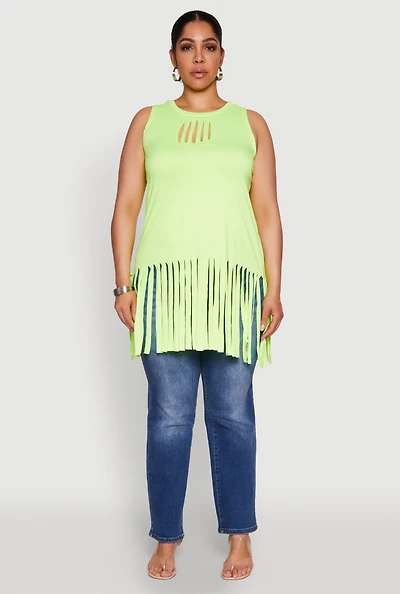 Womens Plus Laser Cut Fringe Hem Tank Top, 4X