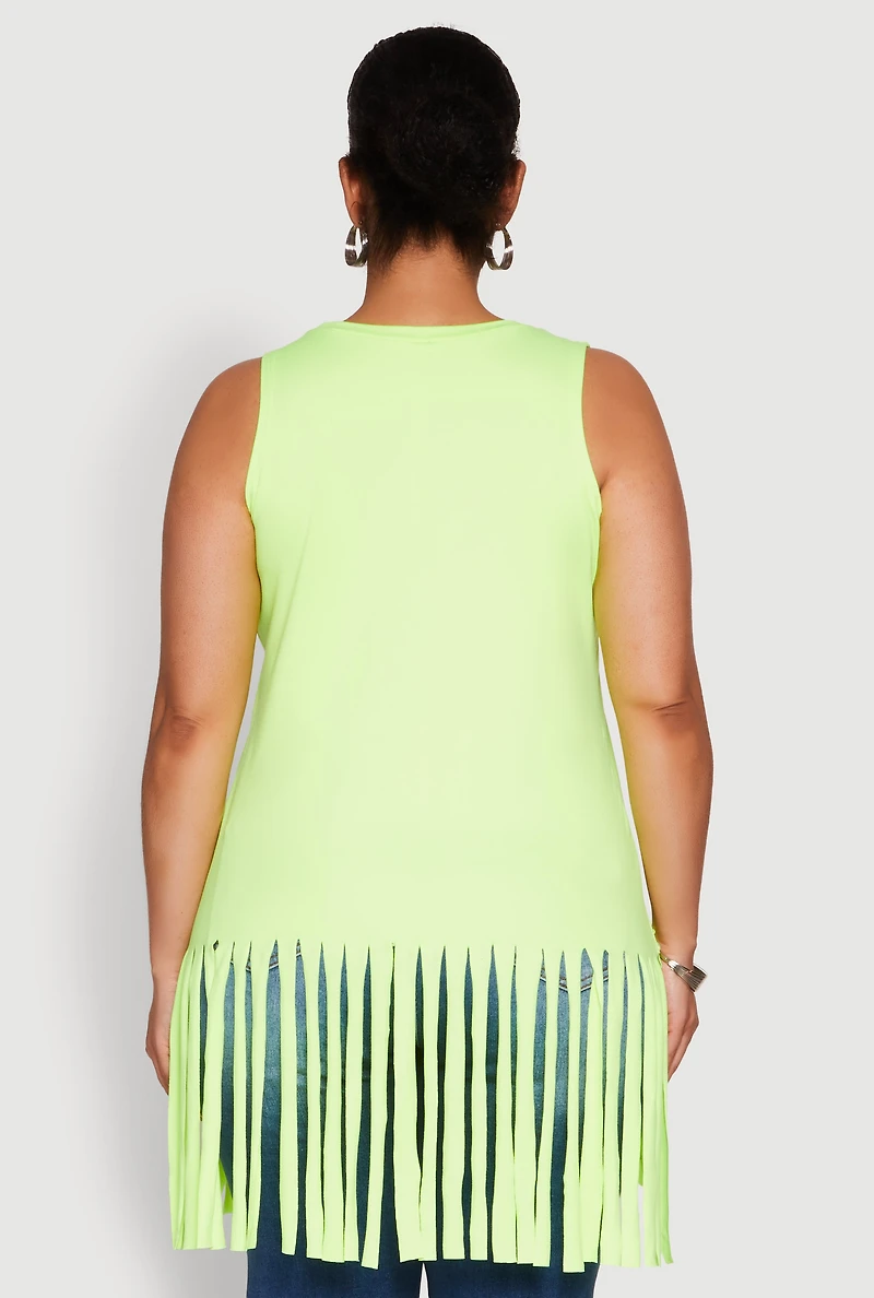 Womens Plus Size Laser Cut Fringe Hem Tank Top, Green, Size 4X