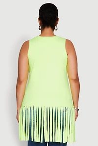 Womens Plus Size Laser Cut Fringe Hem Tank Top, Green, Size 4X
