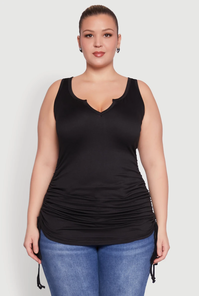 Womens Plus Size Drawstring Side Tank Top, Black, Size 1X