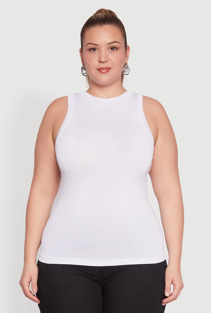 Womens Plus Size Seamless Crew Neck Tank Top, White, Size 1X-2X