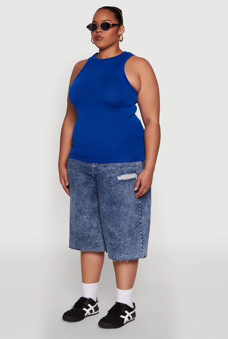 Womens Plus Size Seamless Crew Neck Tank Top, Blue, Size 1X-2X