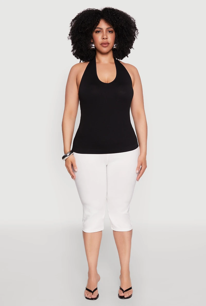 Plus Ribbed Knit Seamless Halter Top