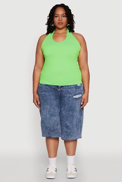 Womens Plus Size Ribbed Knit Seamless Halter Top, Green, Size 1X-2X