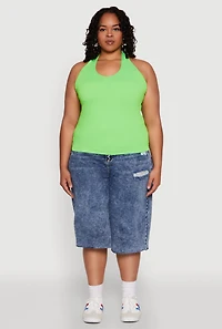 Womens Plus Size Ribbed Knit Seamless Halter Top, Green, Size 1X-2X