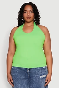 Womens Plus Size Ribbed Knit Seamless Halter Top, Green, Size 1X-2X
