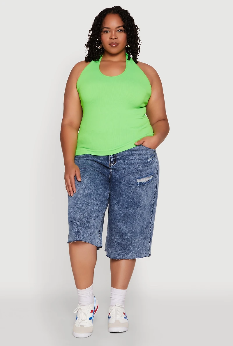 Womens Plus Size Ribbed Knit Seamless Halter Top, Green, Size 1X-2X
