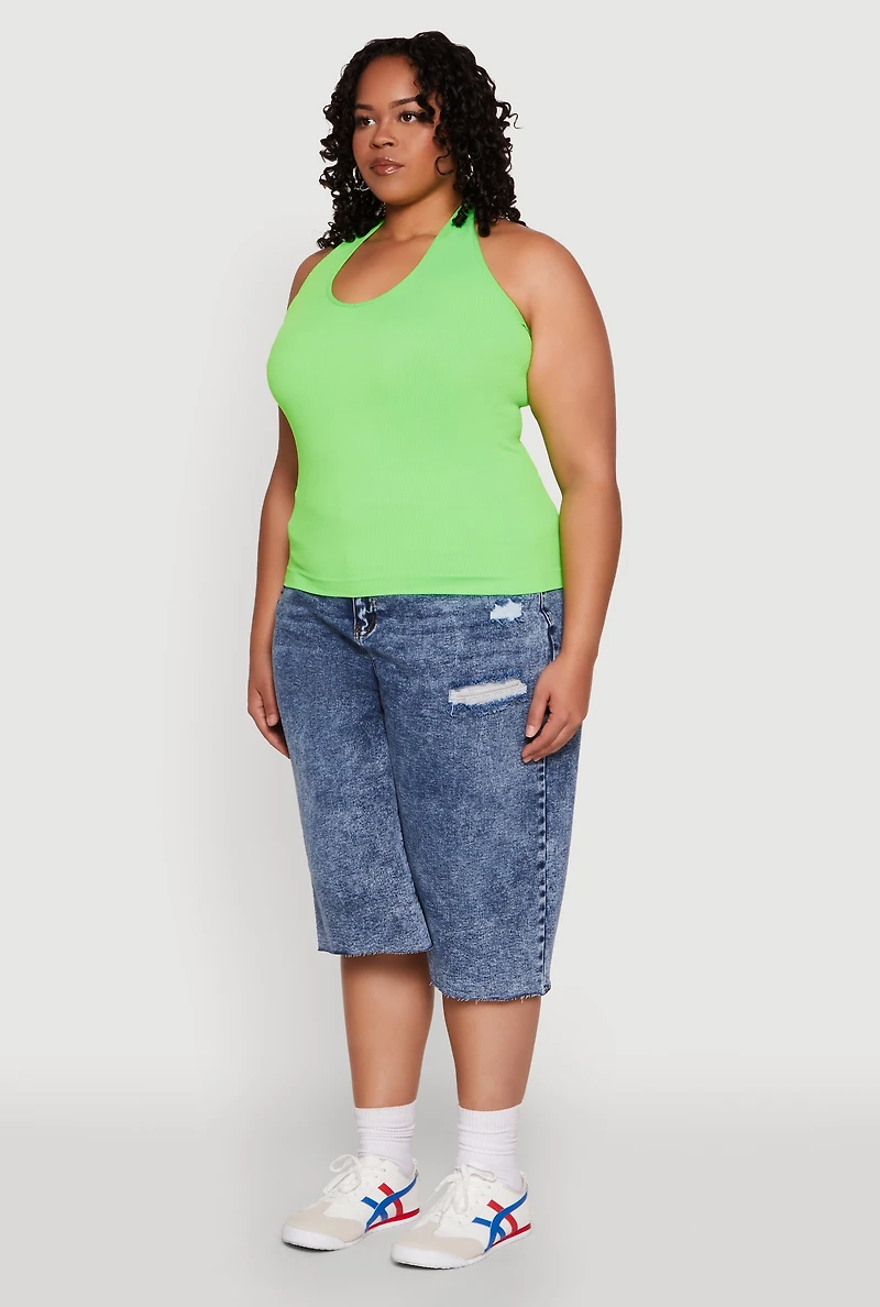 Womens Plus Size Ribbed Knit Seamless Halter Top, Green, Size 1X-2X