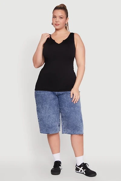 Womens Plus Seamless Rib Knit Notch Neck Tank Top,