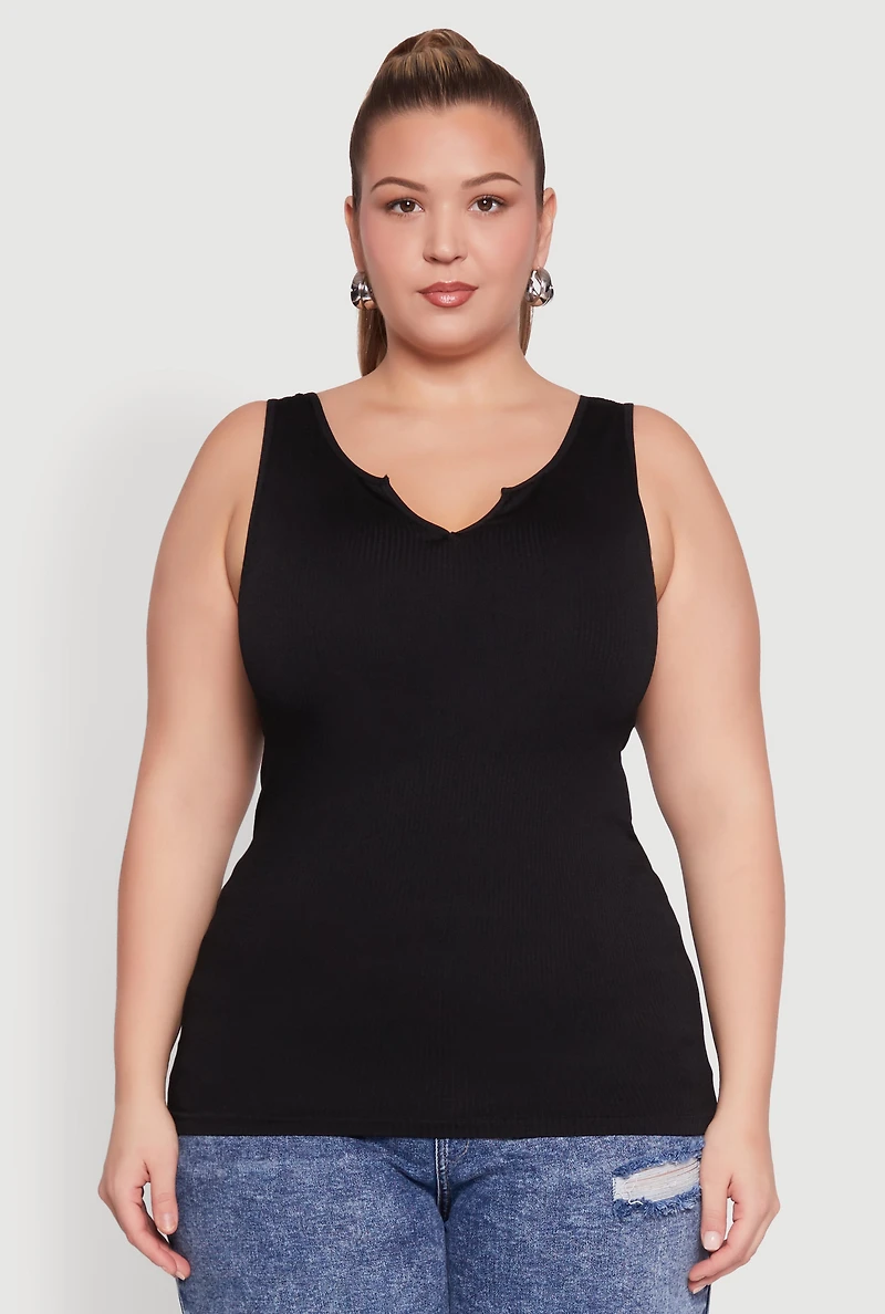 Womens Plus Size Seamless Rib Knit Notch Neck Tank Top, Black, Size 1X-2X