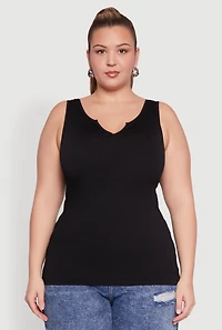 Womens Plus Size Seamless Rib Knit Notch Neck Tank Top, Black, Size 1X-2X