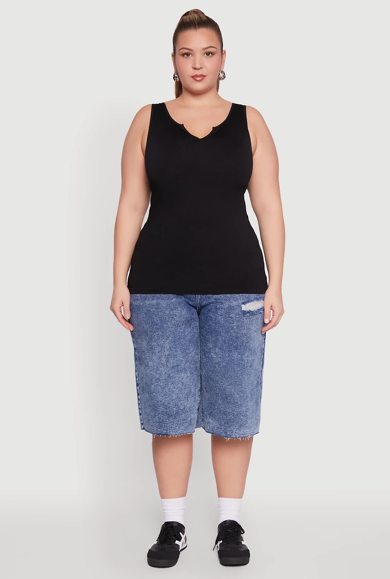 Womens Plus Size Seamless Rib Knit Notch Neck Tank Top, Black, Size 1X-2X