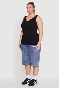 Womens Plus Size Seamless Rib Knit Notch Neck Tank Top, Black, Size 1X-2X