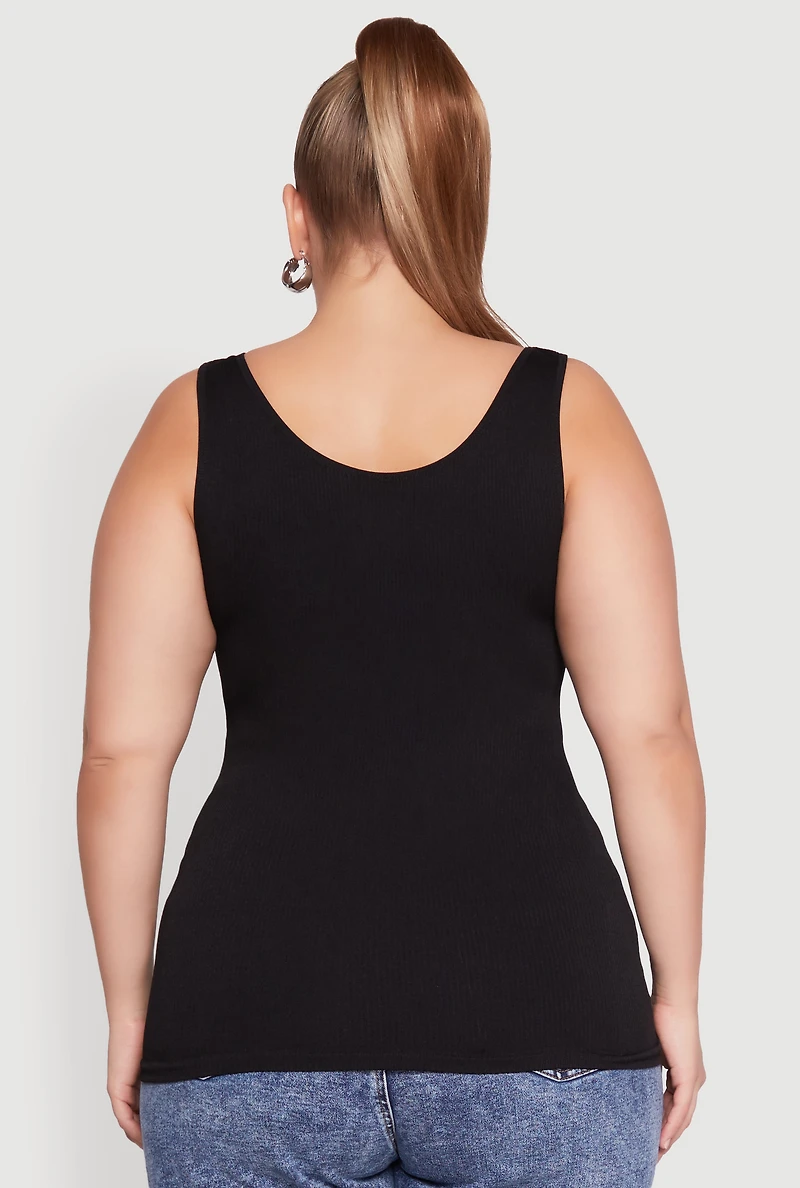 Womens Plus Size Seamless Rib Knit Notch Neck Tank Top, Black, Size 1X-2X