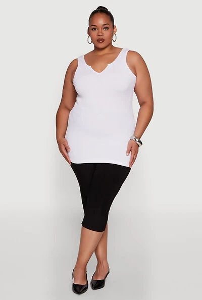 Womens Plus Size Seamless Rib Knit Notch Neck Tank Top, White, Size 1X-2X