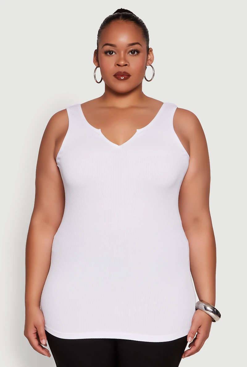 Womens Plus Size Seamless Rib Knit Notch Neck Tank Top, White, Size 1X-2X
