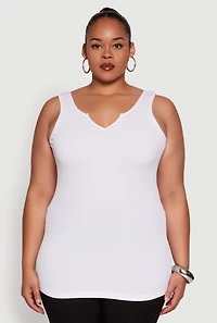 Womens Plus Size Seamless Rib Knit Notch Neck Tank Top, White, Size 1X-2X