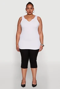 Womens Plus Size Seamless Rib Knit Notch Neck Tank Top, White, Size 1X-2X