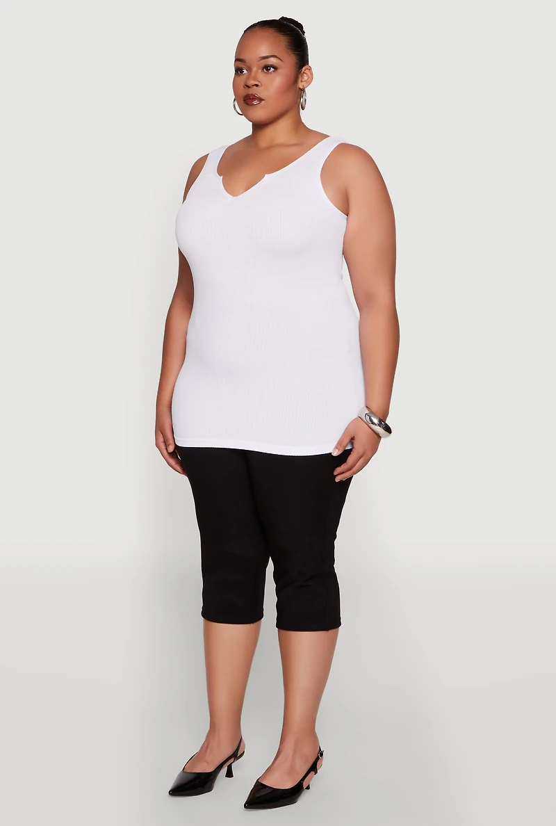 Womens Plus Size Seamless Rib Knit Notch Neck Tank Top, White, Size 1X-2X