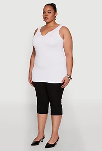 Womens Plus Size Seamless Rib Knit Notch Neck Tank Top, White, Size 1X-2X