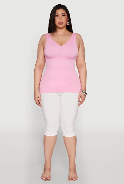 Womens Plus Seamless Rib Knit Notch Neck Tank Top,