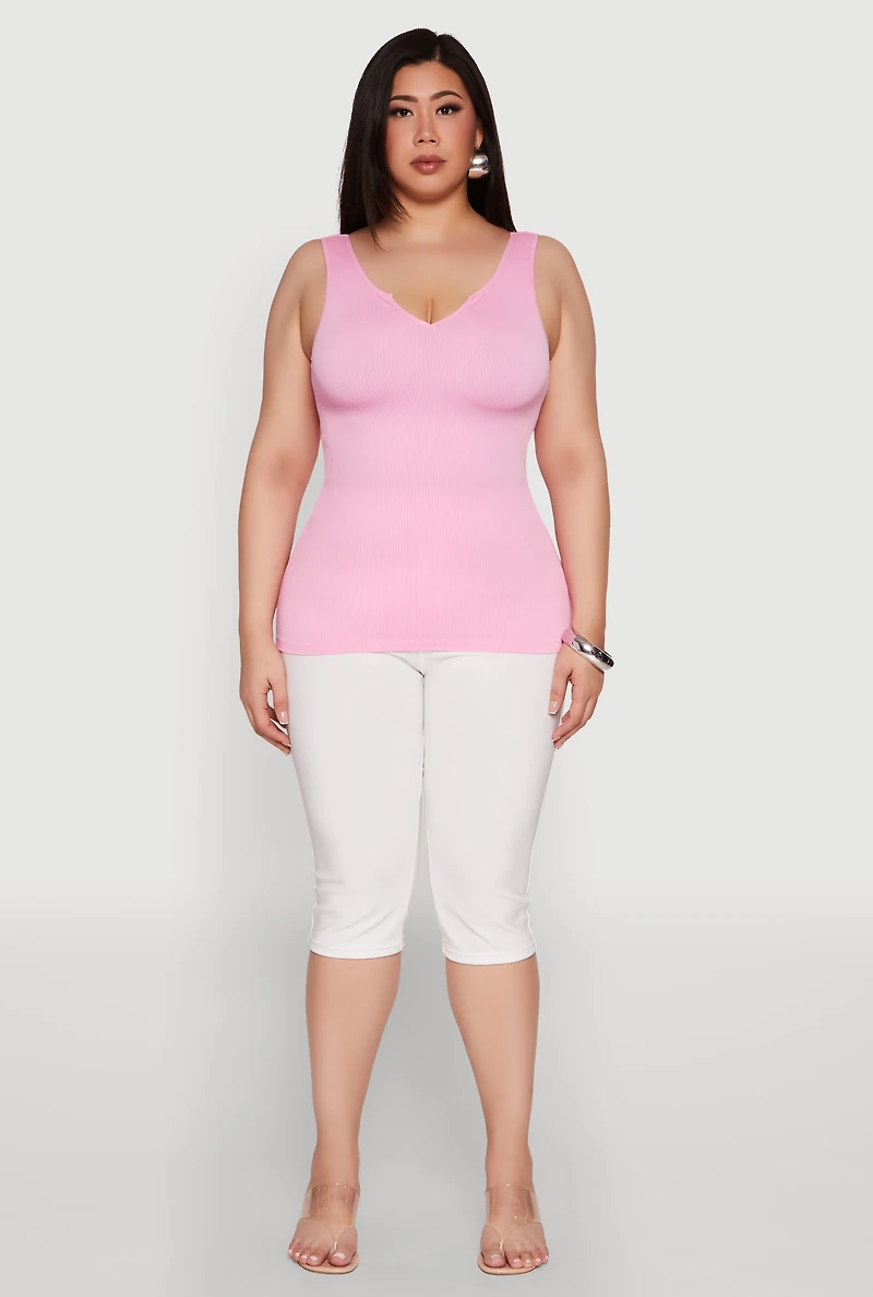 Womens Plus Size Seamless Rib Knit Notch Neck Tank Top, Pink, Size 3X-4X