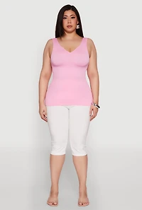 Womens Plus Size Seamless Rib Knit Notch Neck Tank Top, Pink, Size 3X-4X