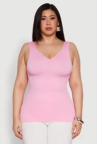 Womens Plus Size Seamless Rib Knit Notch Neck Tank Top, Pink, Size 3X-4X