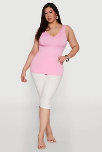Womens Plus Size Seamless Rib Knit Notch Neck Tank Top, Pink, Size 3X-4X