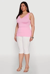 Womens Plus Size Seamless Rib Knit Notch Neck Tank Top, Pink, Size 3X-4X