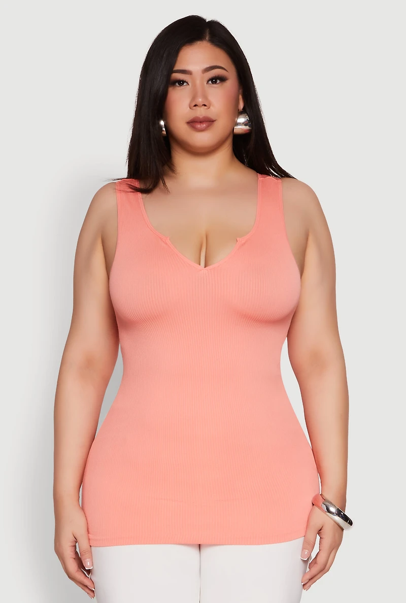 Womens Plus Size Seamless Rib Knit Notch Neck Tank Top, Orange, Size 1X-2X