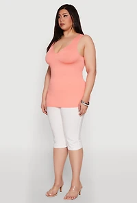 Womens Plus Seamless Rib Knit Notch Neck Tank Top,