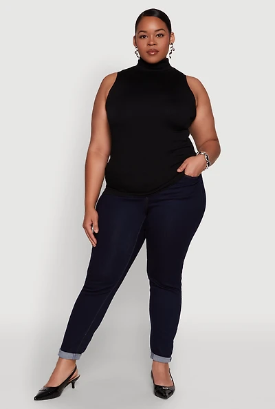 Womens Plus Seamless Mock Neck Rib Knit Tank Top, 1X-2X