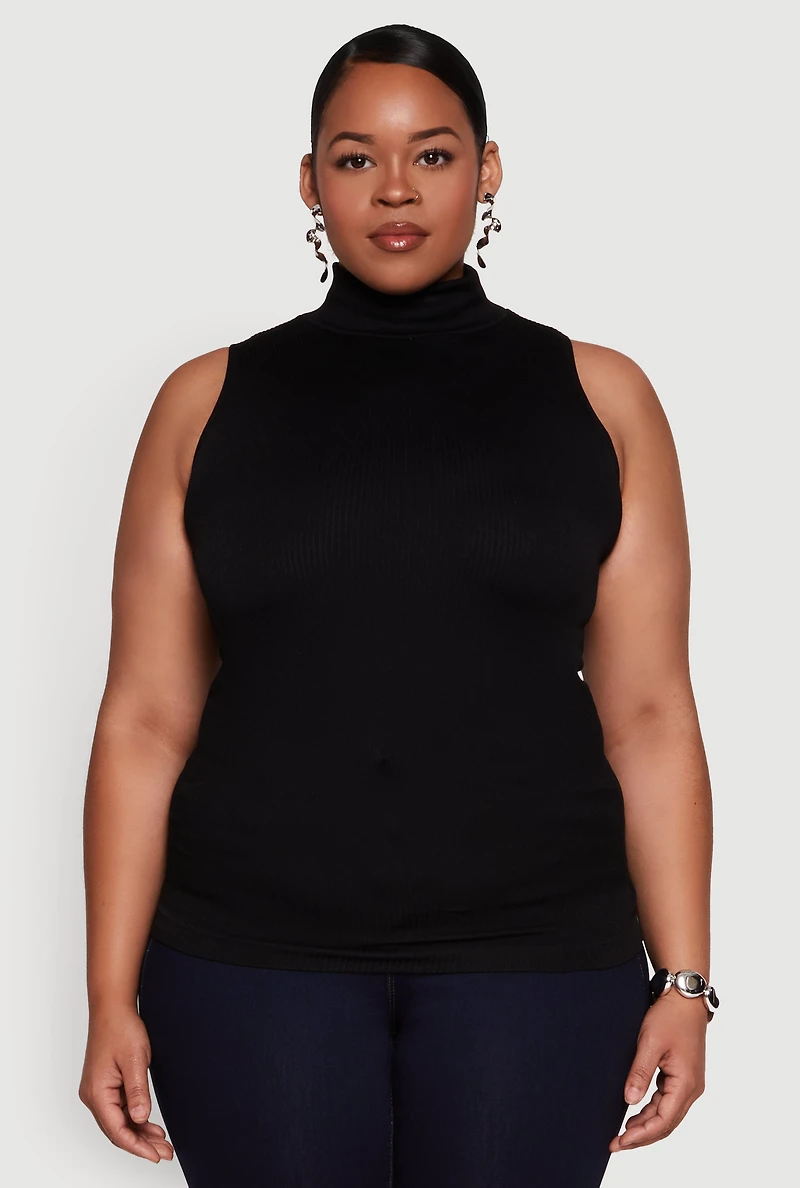 Womens Plus Seamless Mock Neck Rib Knit Tank Top,