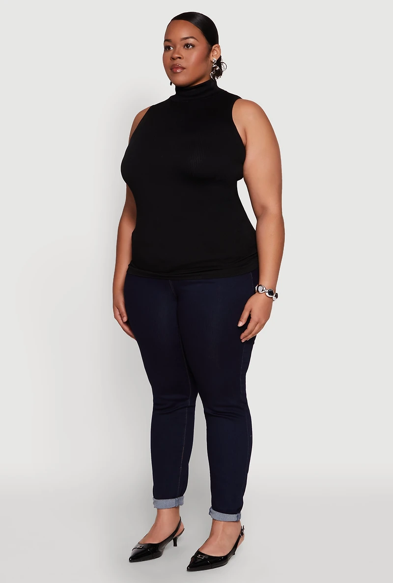 Womens Plus Seamless Mock Neck Rib Knit Tank Top,