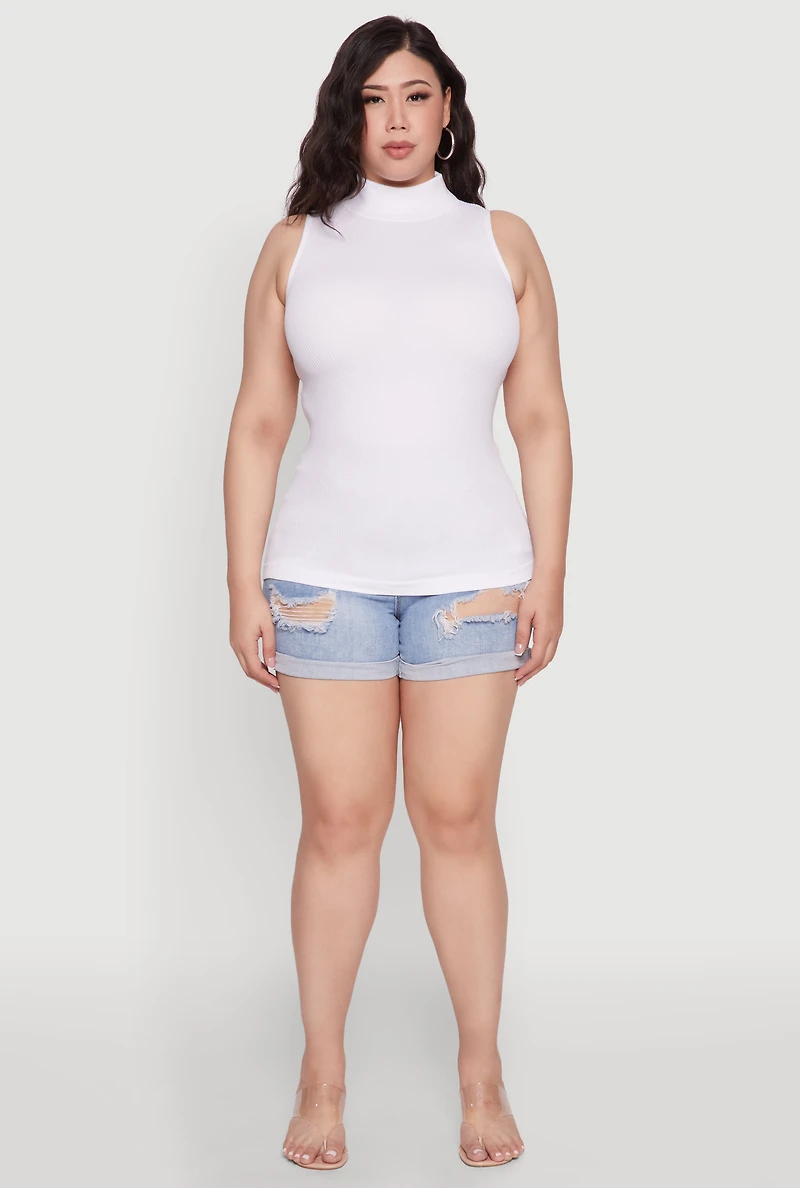 Womens Plus Size Seamless Mock Neck Rib Knit Tank Top, White, Size 1X-2X