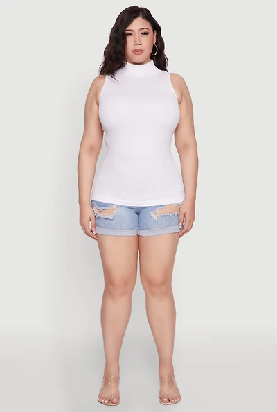 Womens Plus Size Seamless Mock Neck Rib Knit Tank Top, White, Size 1X-2X