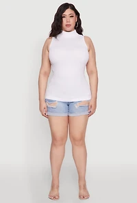 Womens Plus Size Seamless Mock Neck Rib Knit Tank Top, White, Size 1X-2X