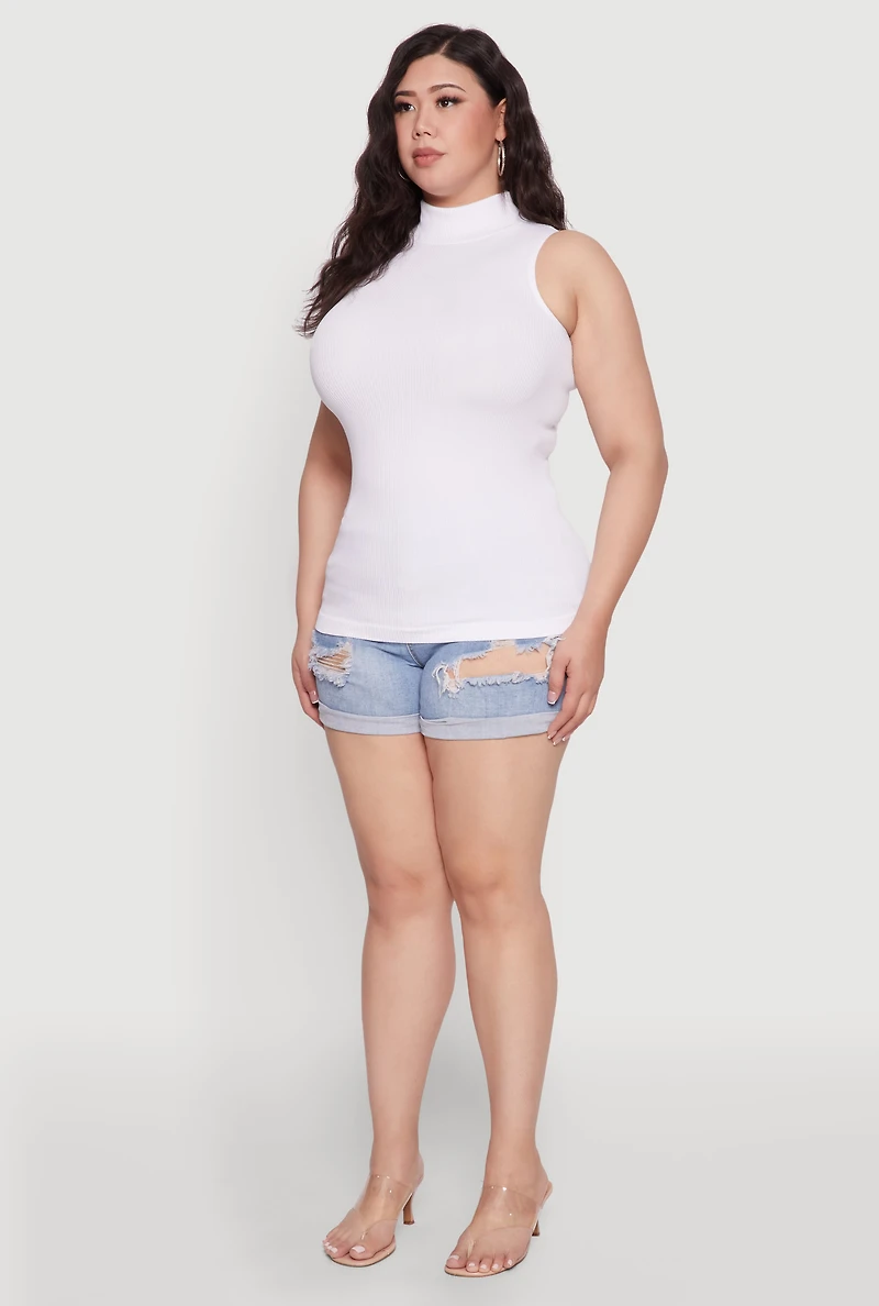 Womens Plus Size Seamless Mock Neck Rib Knit Tank Top, White, Size 1X-2X