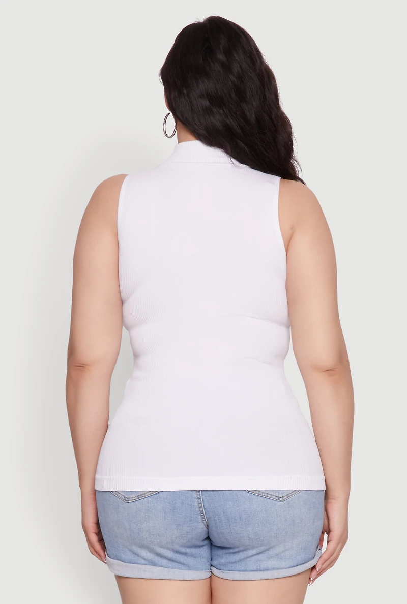 Womens Plus Size Seamless Mock Neck Rib Knit Tank Top, White, Size 1X-2X