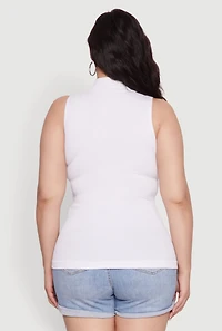 Womens Plus Size Seamless Mock Neck Rib Knit Tank Top, White, Size 1X-2X